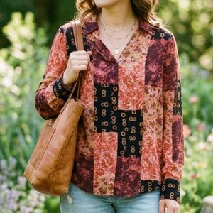 Anthropologie Porridge Ivonne Patchwork Floral Boho Cottagecore Blouse Medium